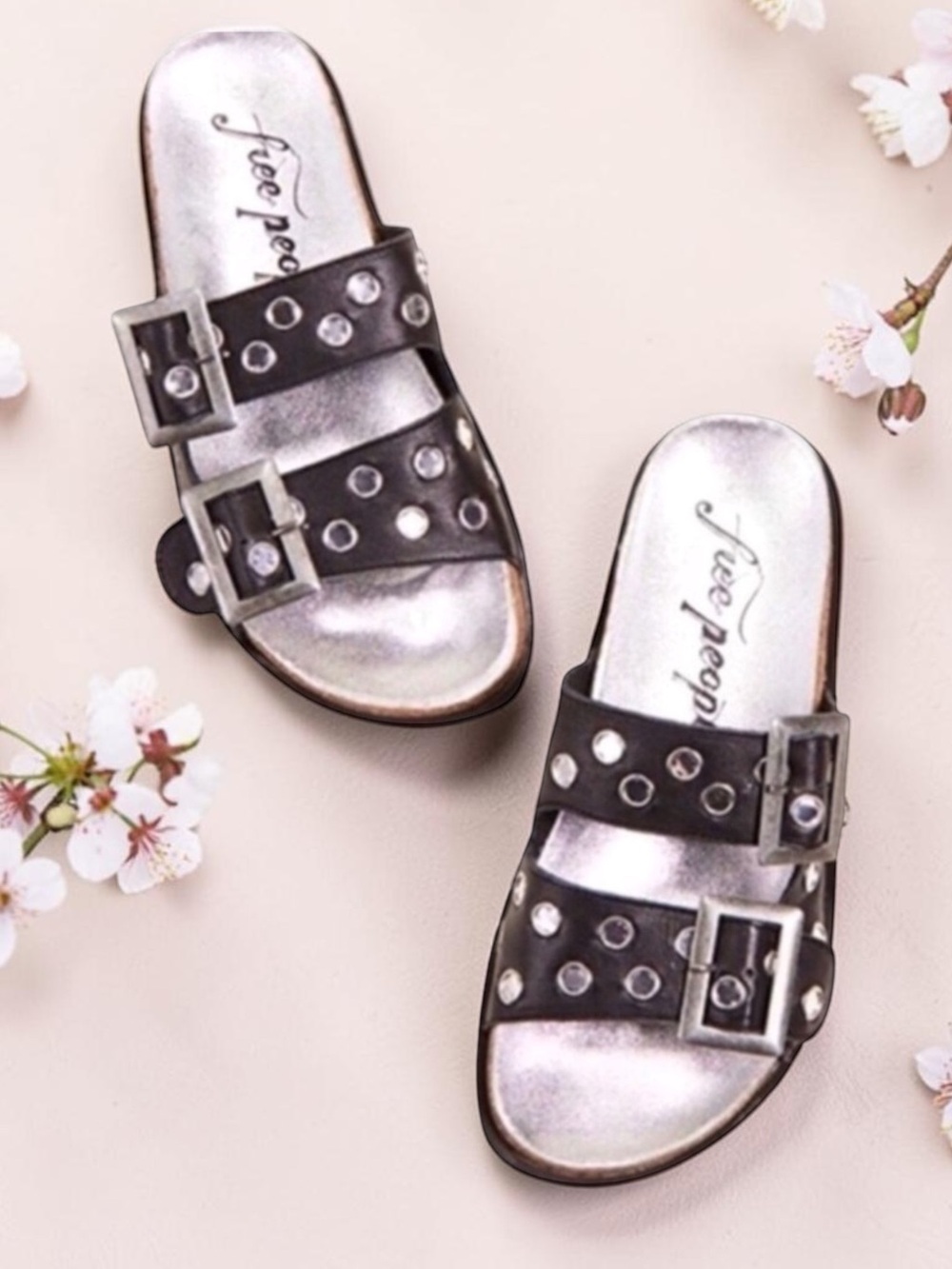 Free People Black Leather Bali Sandals Boho Double Strap Mirror Studded Sz-37/7